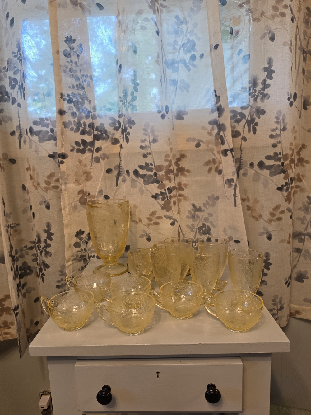 Horseshoe Yellow Pressed Pitcher  and  6 Goblet Set 6 Tea Cups And Saucers More